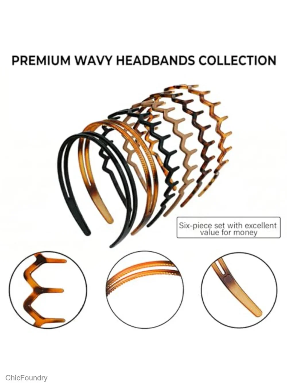 6 Pack Non-Slip Zig Zag Teeth Headbands with Shark Tooth Comb, 90s Plastic Hair